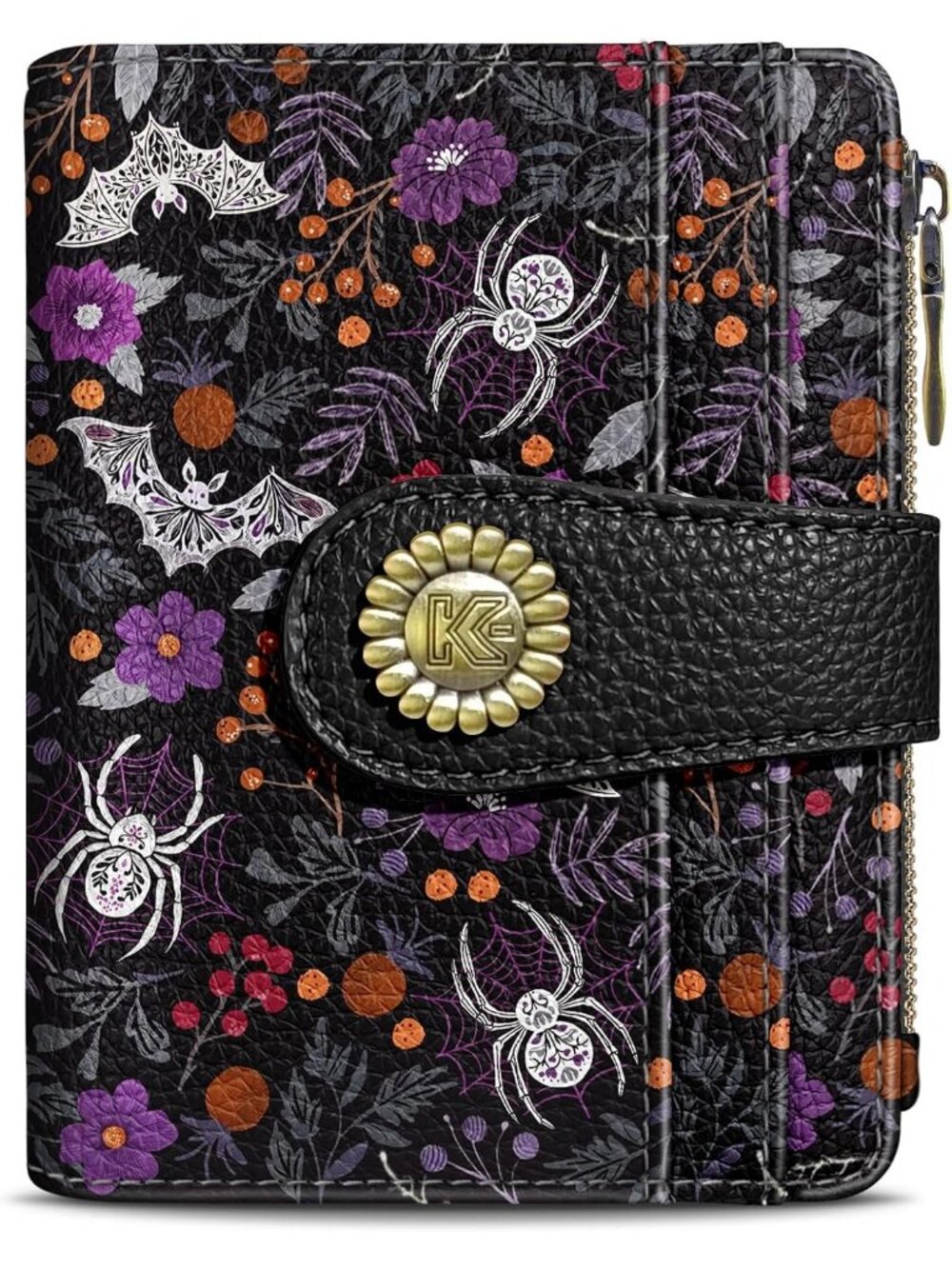 Women's Bats Spiders Skull Goth RFID Coin Pocket Vegan Pu Leather Zipper Wallet